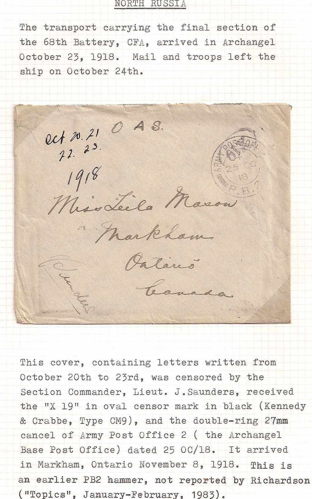 Russia Postal History - Allied Intervention. Canadian Forces in North Russia Scott 12 