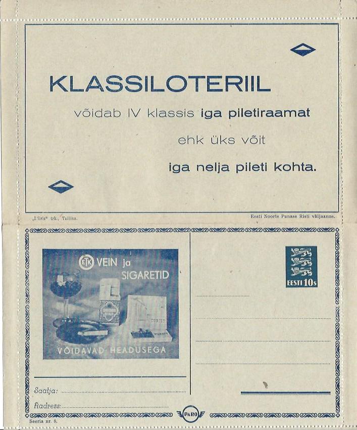 Baltic States Specialized Estonia Postcards Scott HK1.08 Michel HK1.08 