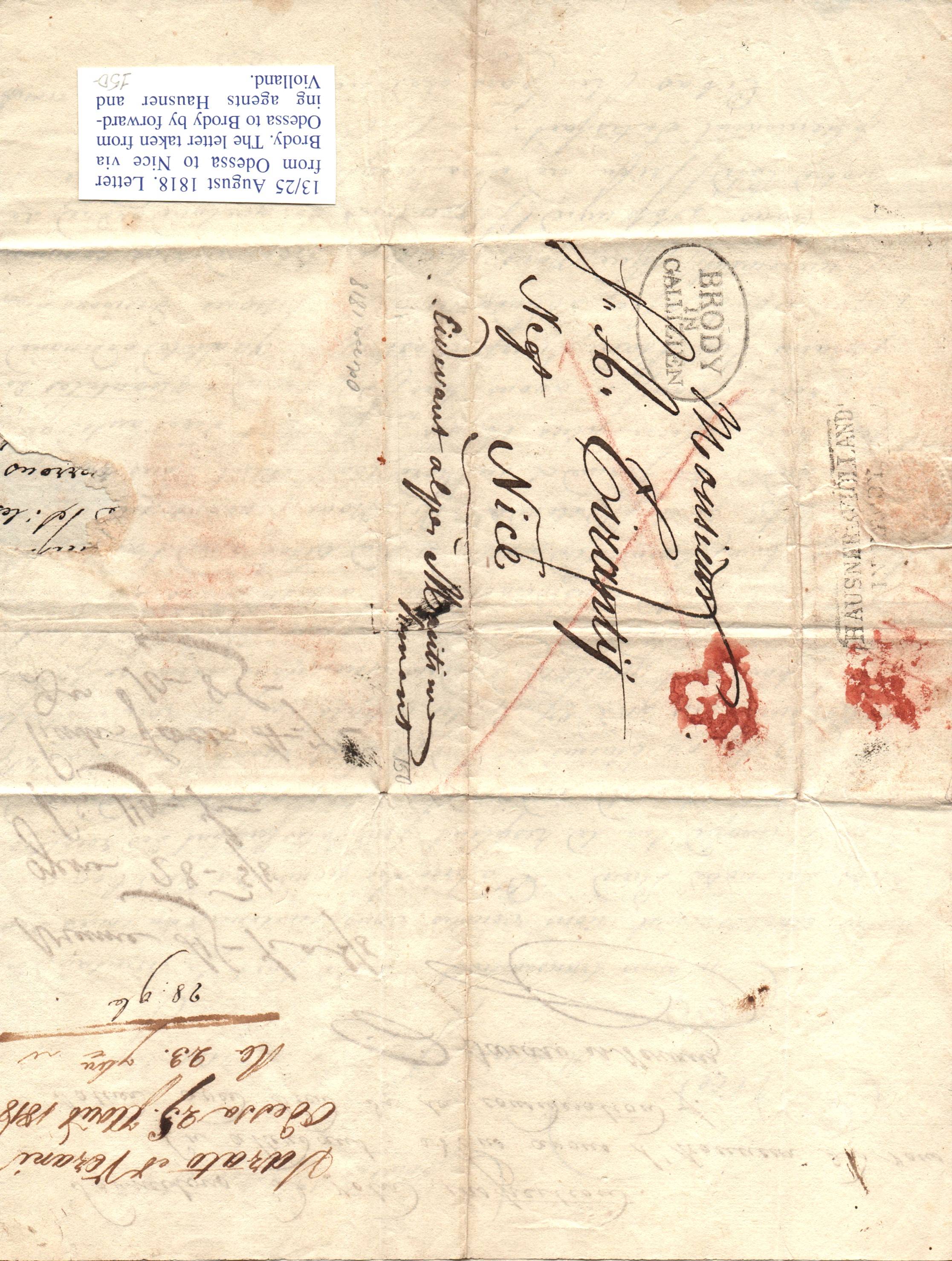 Russia Postal History - Stampless Covers Odessa Scott 2501818 