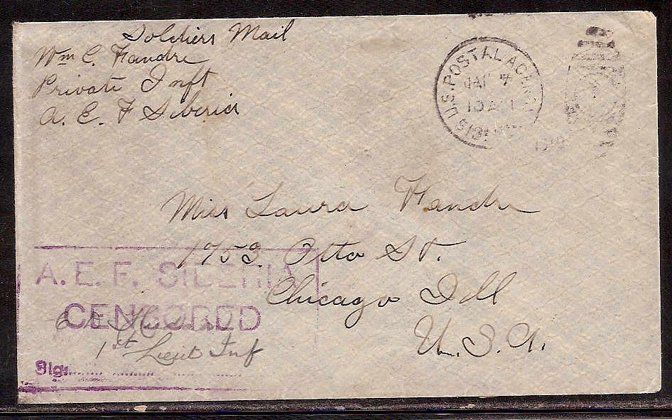 Russia Postal History - Allied Intervention. U.S.Forces in Siberia Scott 22 