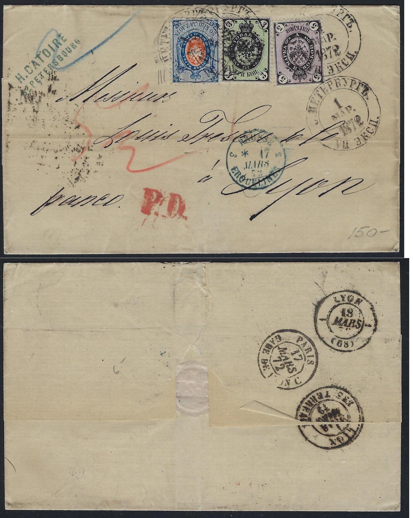 Russia Postal History - 1857-1917 verticaly laid 1872 Scott 25b 