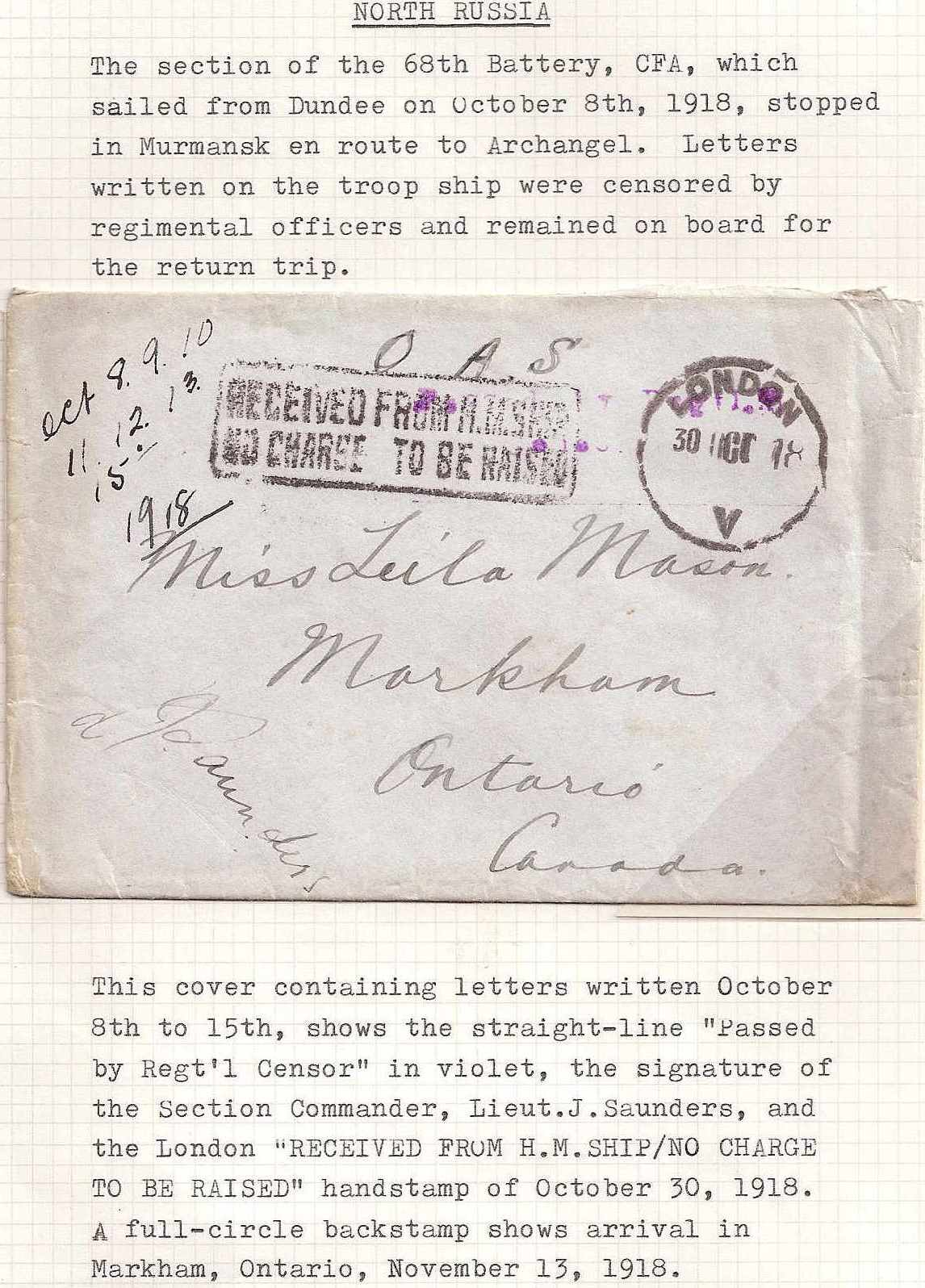 Russia Postal History - Allied Intervention. Canadian Forces in North Russia Scott 12 