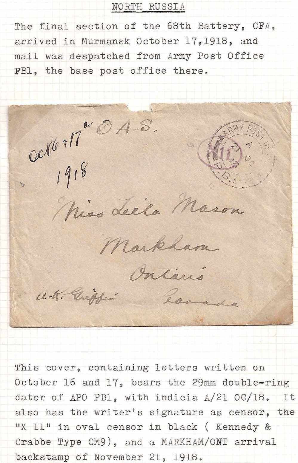 Russia Postal History - Allied Intervention. Canadian Forces in North Russia Scott 12 