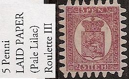  5p Roulette III on vertically laid paper Scott 12 Norma 5CW 