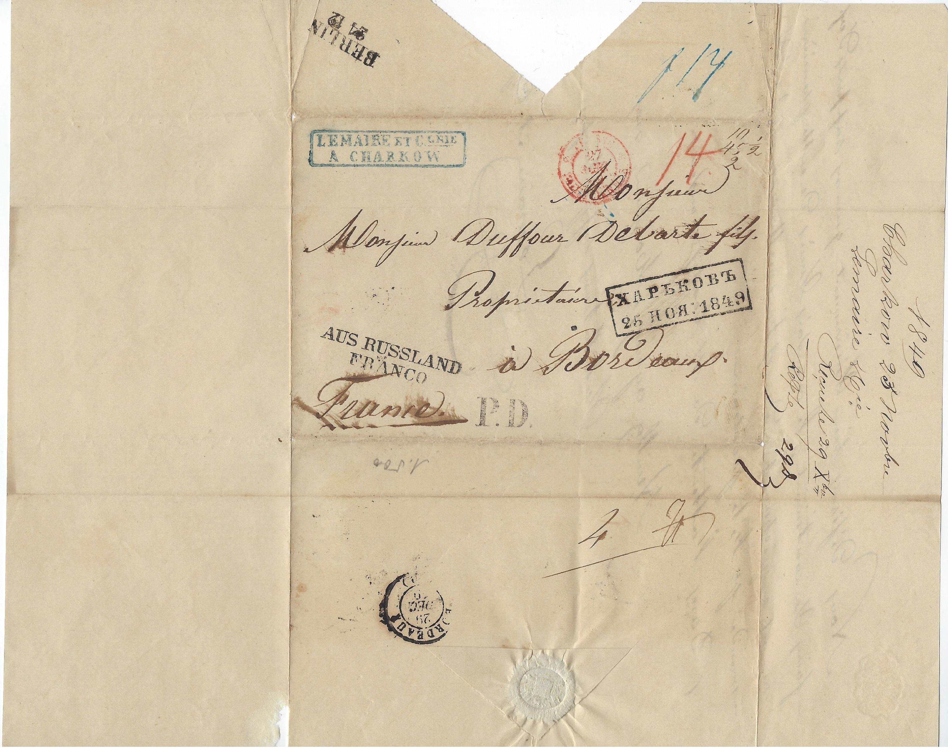 Russia Postal History - Stampless Covers Kharkov Scott 1431849 