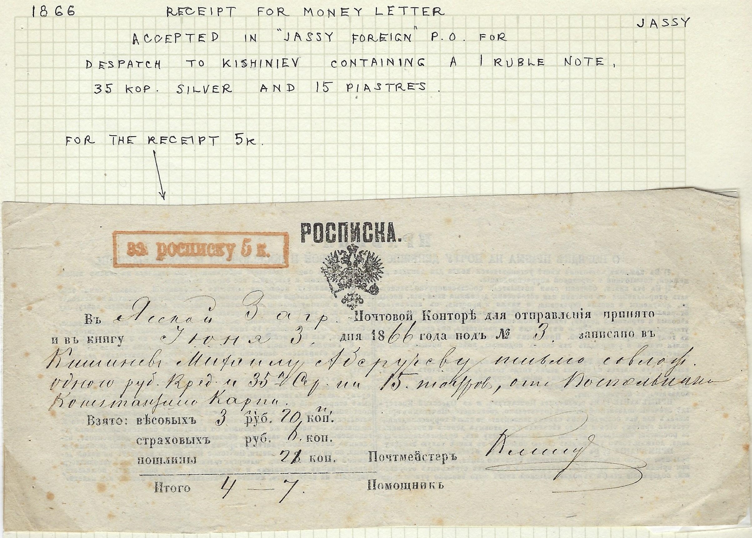 Russia Postal History - Postal Documents, Receipts Receipts Scott 1866 