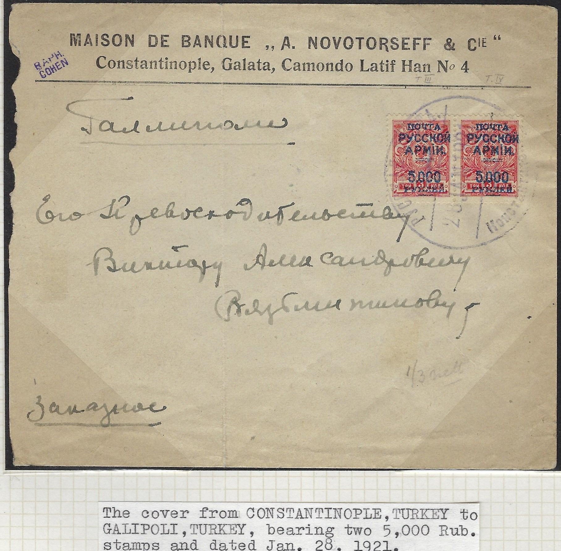 Russia Postal History - Offices in Turkey. Wrangel Scott 110a 